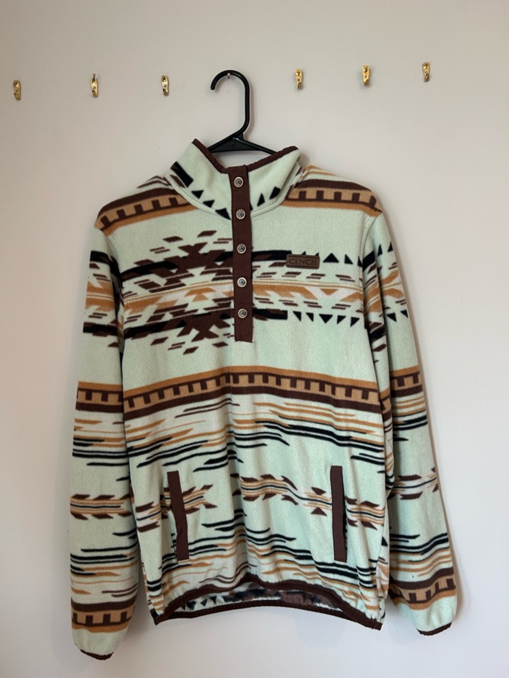 Cinch Mint & Brown Aztec-Pattern Zip-Front Fleece Sweater